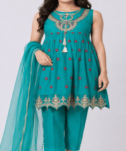 Women’s Turquoise Embroidered Sleeveless Frock 3-Piece Formal Suit with Dupatta