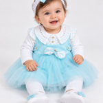 Baby Girls Aqua Blue Tulle Pinafore Dress, White Shirt & Leggings Set with Matching Headband and Shoes