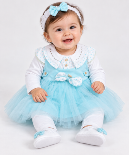 Baby Girls Aqua Blue Tulle Pinafore Dress, White Shirt & Leggings Set with Matching Headband and Shoes