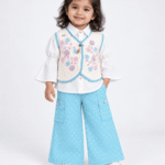 Baby Girls Blue Polka Dot Palazzo, White Shirt & Floral Waistcoat Set 1 to 3 Years