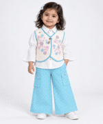 Baby Girls Blue Polka Dot Palazzo, White Shirt & Floral Waistcoat Set 1 to 3 Years