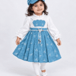 Baby Girls Blue & White Printed Frock with Cap 1 to 3 Years