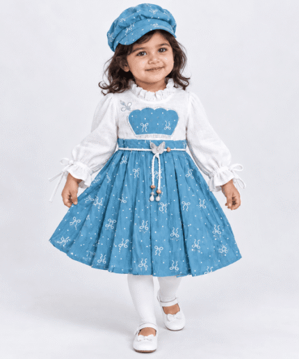 Baby Girls Blue & White Printed Frock with Cap 1 to 3 Years