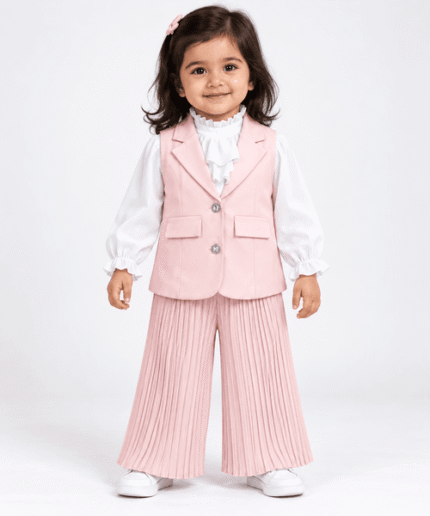 Baby Girls Blush Pink Waistcoat, Ruffle Shirt & Pleated Palazzo Set 1 to 3 Years