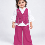 Baby Girls Pink Embellished Waistcoat, Shirt & Palazzo Trouser Set – 1 to 3 Years
