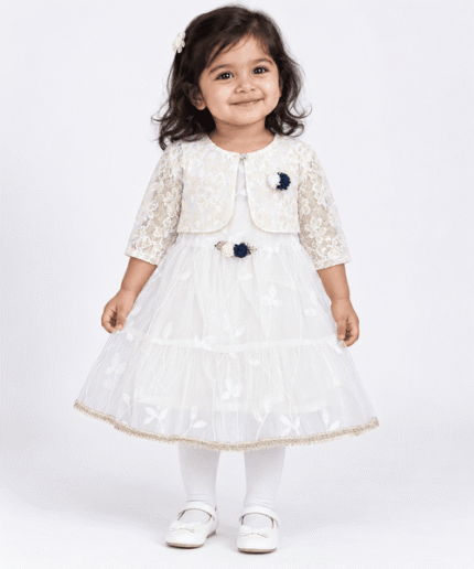 Baby Girls White Embroidered Net Frock with Bolero 1 to 3 Years