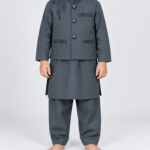 Boys Charcoal Grey Embroidered Waistcoat, Kameez Shalwar Waistcoat 4 To 14 Years