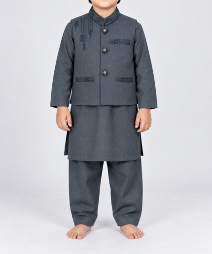 Boys Charcoal Grey Embroidered Waistcoat, Kameez Shalwar Waistcoat 4 To 14 Years