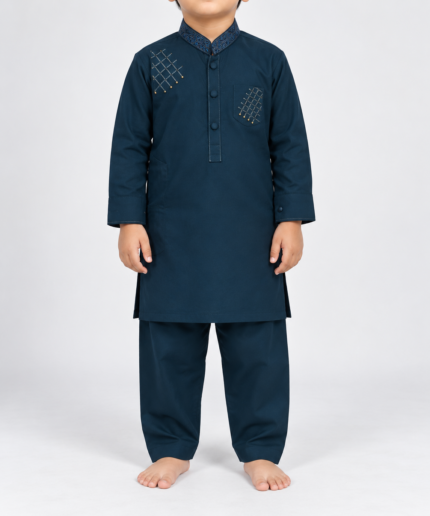 Boys Deep Teal Embroidered Kameez Shalwar Set 1 To 14 Years