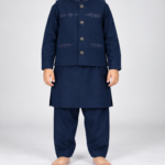 Boys Navy Blue Embroidered Waistcoat, Kameez & Shalwar 1 To 14 Years
