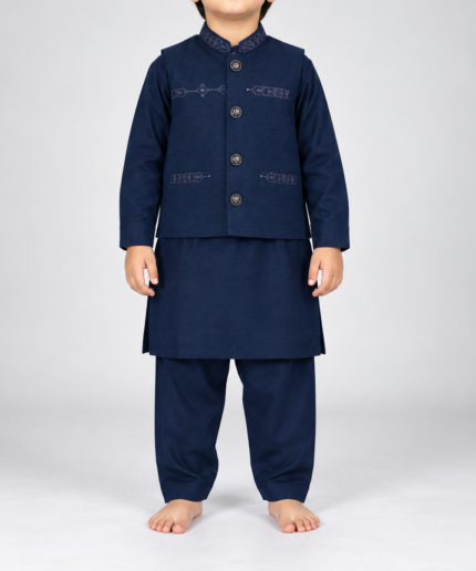Boys Navy Blue Embroidered Waistcoat, Kameez & Shalwar 1 To 14 Years