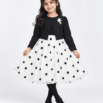 Girls Black Bolero with White Floral Flared Frock & Black Tights 4 to 10 Years