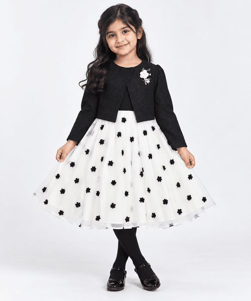 Girls Black Bolero with White Floral Flared Frock & Black Tights 4 to 10 Years Girls Black Bolero with White Floral Flared Frock & Black Tights 4 to 10 Years
