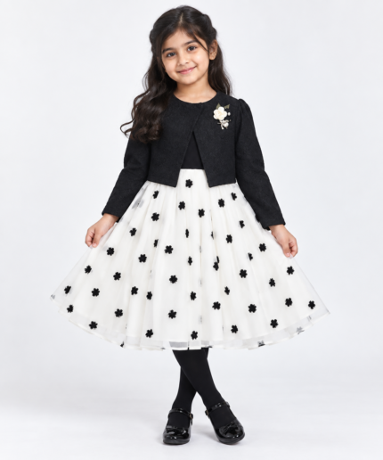 Girls Black Bolero with White Floral Flared Frock & Black Tights – 4 to 10 Years