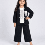 Girls Black Pinstripe 3-Piece Jacket, Graphic Top & Palazzo Set 4 to 6 Years