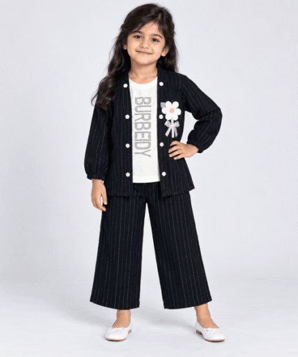Girls Black Pinstripe 3-Piece Jacket, Graphic Top & Palazzo Set 4 to 6 Years