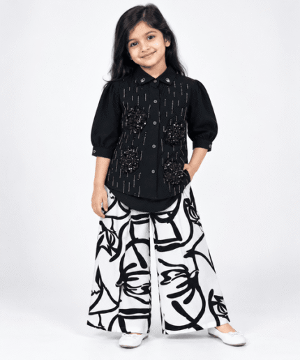 Girls Black Sequin Embellished Shirt with Printed Wide Leg Palazzo 6 to 12 Years