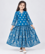 Girls Blue Printed 2-Piece Shirt & Flared Skirt Set 4 to 6 Years