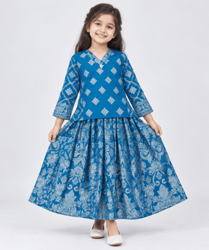 Girls Blue Printed 2-Piece Shirt & Flared Skirt Set 4 to 6 Years