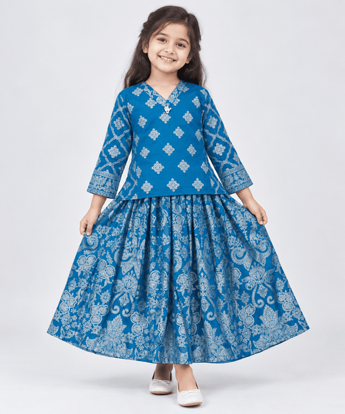 Girls Blue Printed 2-Piece Shirt & Flared Skirt Set 4 to 6 Years Girls Blue Printed 2-Piece Shirt & Flared Skirt Set 4 to 6 Years