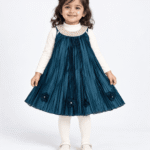 Girls Dark Teal Pleated Pearl-Neck Frock with Off-White Inner & Tights 1 to 3 Years