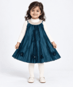 Girls Dark Teal Pleated Pearl-Neck Frock with Off-White Inner & Tights 1 to 3 Years