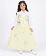 Girls Lemon Yellow Embellished Vest White Shirt Flared Maxi Skirt Set 4 to 6 Years - Image 3