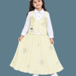 Girls Lemon Yellow Embellished Vest White Shirt Flared Maxi Skirt Set 4 to 6 Years
