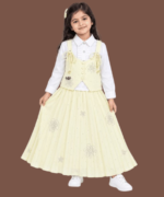 Girls Lemon Yellow Embellished Vest White Shirt Flared Maxi Skirt Set 4 to 6 Years - Image 2