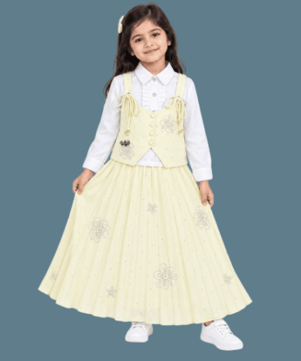 Girls Lemon Yellow Embellished Vest White Shirt Flared Maxi Skirt Set 4 to 6 Years