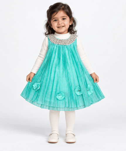 Girls Mint Pleated Pearl-Neck Frock with Off-White Inner & Tights 1 to 3 Years
