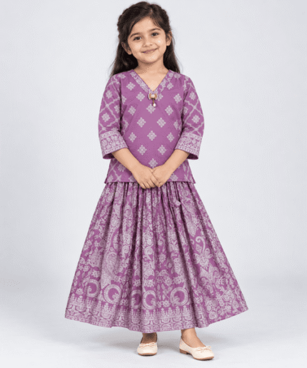 Girls Purple Printed 2-Piece Shirt & Flared Skirt Set 4 to 6 Years