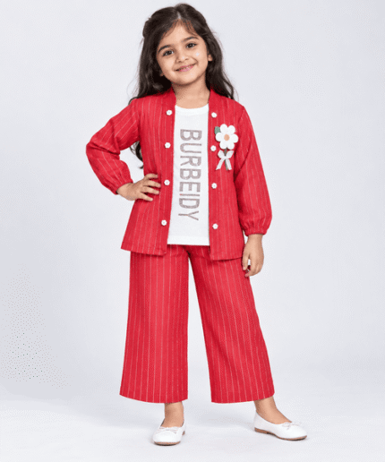 Girls Red Striped 3-Piece Jacket, Graphic Top & Palazzo Set 4 to 6 Years