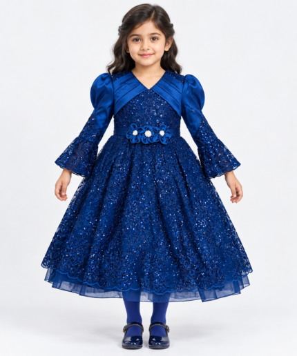 Girls Royal Blue Sequin Lace Party Gown with Matching Tights – 4 to 6 Years
