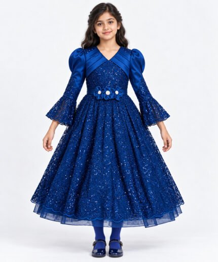 Girls Royal Blue Sequin Lace Party Gown with Matching Tights – 7 to 12 Years