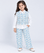 Girls White & Blue Floral 3-Piece Shirt, Embellished Vest & Full Trouser Set – 4 to 6 Years