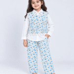 Girls White & Blue Floral 3-Piece Shirt, Embellished Vest & Full Trouser Set – 4 to 6 Years