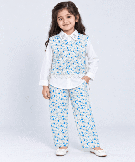 Girls White & Blue Floral 3-Piece Shirt, Embellished Vest & Full Trouser Set – 4 to 6 Years
