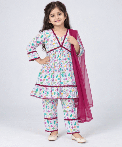 Girls White Floral Flared Frock & Trouser 4 to 10 Years