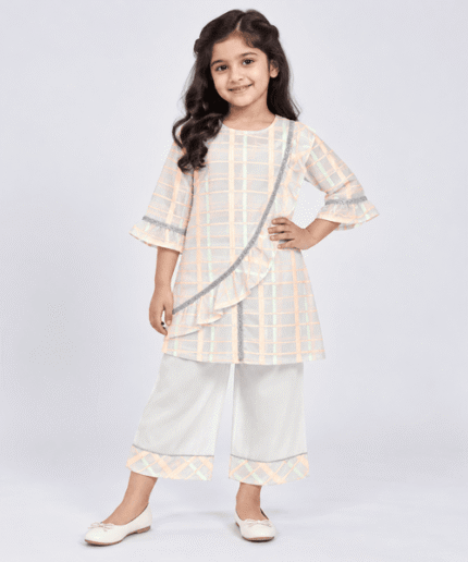 Girls White Iridescent Check 2Piece Ruffle Shirt Palazzo Set 4 to 6 Years