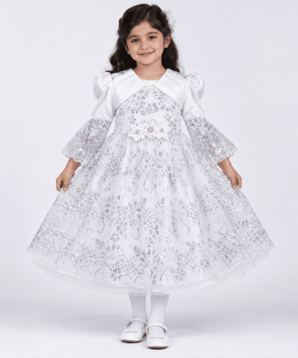 Girls White & Silver Sequin Lace Party Gown with Matching Tights – 4 to 6 Years