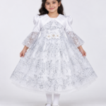 Girls White & Silver Sequin Lace Party Gown with Matching Tights – 4 to 6 Years