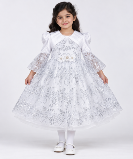 Girls White & Silver Sequin Lace Party Gown with Matching Tights – 4 to 6 Years