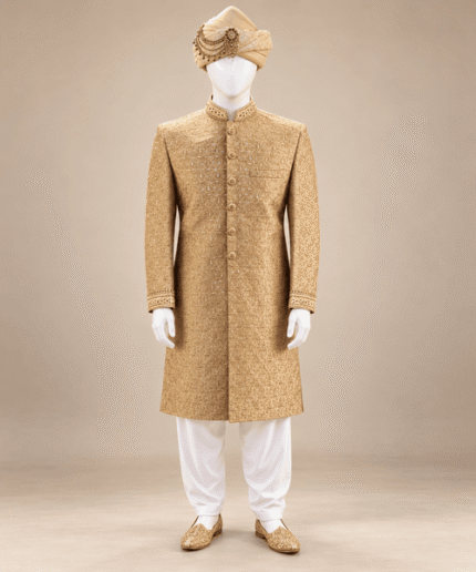 Men’s Champagne Gold Embroidered Sherwani with Matching Kullah