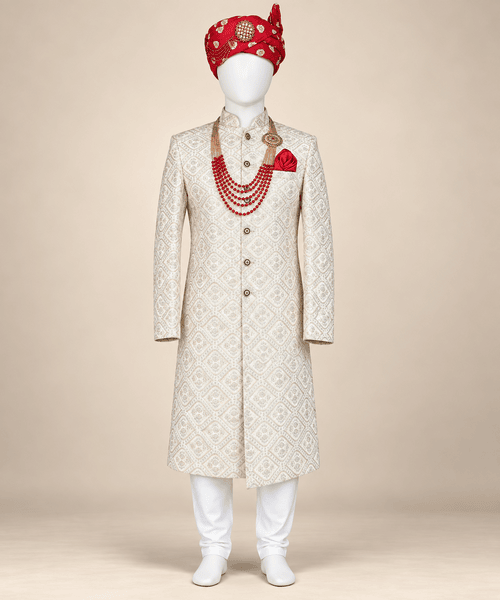 Men’s Ivory Embroidered OffWhite Sherwani Men’s Ivory Embroidered OffWhite Sherwani
