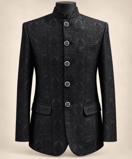 Men’s Premium Black Geometric Jacquard Prince Coat – Luxury Wedding & Formal Wear (2)