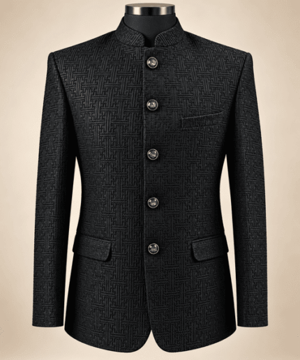 Men’s Premium Black Geometric Jacquard Prince Coat – Luxury Wedding & Formal Wear