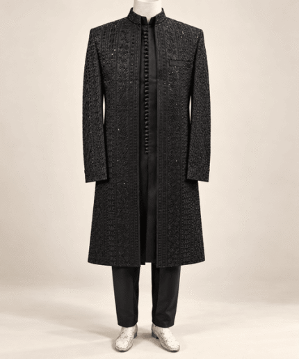 Men’s Premium Dark Brown Embroidered Front-Open Gown Luxury Wedding Ceremony Wear