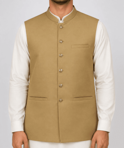 Men’s Premium Golden Brown Textured Traditional Long Waistcoat