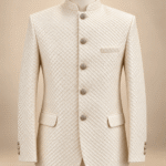 Men’s Premium Ivory Diamond-Pattern Embroidered Prince Coat Luxury Wedding & Formal Wear